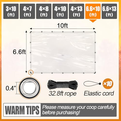 6.6x10ft Chicken Coop Covers Accessories for Winter - Easy to Install Waterproof Chicken Run Tarp with Elastic Cords & Rope