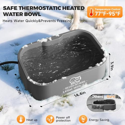 1.45 Gallon Extra-Large Heated Water Bowl for Dog&Cat,Outdoor Heated Dog Bowl with Anti-Chew Cord,Waterproof Heated Pet Bowl Provides Drinkable Water in Winter for Chickens,Squirrels,Rabbits,Grey