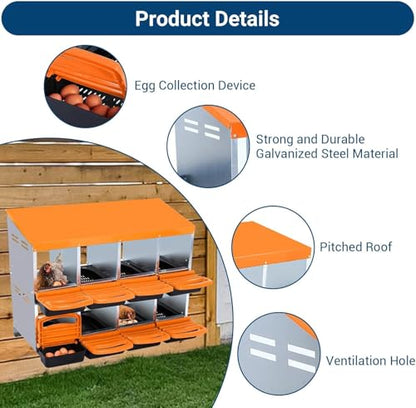 Chicken Nesting Box, 8 Hole 2 Layer Hen Nest Boxes, Roll-Away Egg Collection System with Ventilation Holes，Rustproof Plastic Tray & Keyhole Mounting, Chicken Laying Box - color: Orange, size: 8 holes