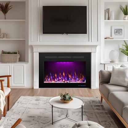 29.6" W Rear Electric Fireplace Inserts with 3 Flame & Top Light, Recessed Fireplace Heater with Thermostat, 750/1500W, Crackling Sound, Logs & Crystals, Timer, No Wall Mount - size: 33"W25"H