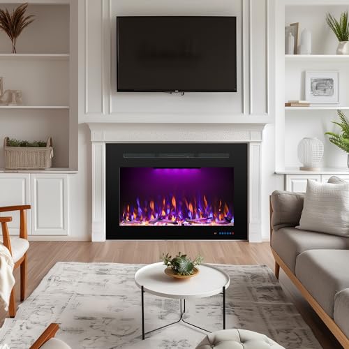 Electric Fireplace Inserts with 3 Flame & Top Light Color, Recessed Fireplace Heater with Thermostat, 750/1500W, Crackling Sound, Logs & Crystals, Timer, 32.2" W x 19.6" H Rear - size: 36"W21"H