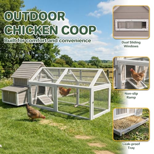 83'' Large Chicken Coop Outdoor with Run, Wooden Chicken Coops with Two Nesting Boxes, Pull-Out Trays, 4 Perches for Backyard, Poultry Cage House with Ramp for Hen, Bunny, Duck, Grey - size: 82.9"L x 57.9"W x 39.4"H