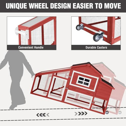Chicken Coop with Wheels, Mobile Outdoor Chicken House with Leakproof Pull-on Tray, Nesting Box, Waterproof Roof - Red - color: Red
