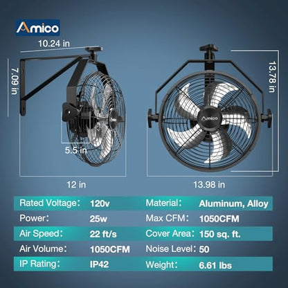 Amico 12 Inch Wall Mount Fan with Remote, 9-Speed Industrial Metal Fan, High Velocity Wall Fan with Brushless DC Motor, 1050 CFM Commercial Fans for Garage, Greenhouse, Warehouse, shop, Patio, Outdoor - size: 12 Inch