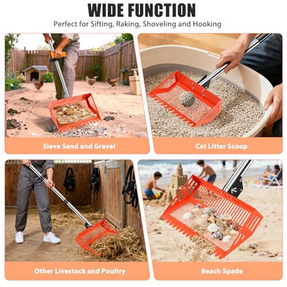 15/10'' Chicken Poop Scooper & Rake,4 IN 1 Chicken Coop Scoop with 2 Large Metal Shovel Heads,Chicken Coop Scooper for Sand,Chicken Scoop with Long Handle,Sifting Shovel for Chicken Coops(37 to 65in)