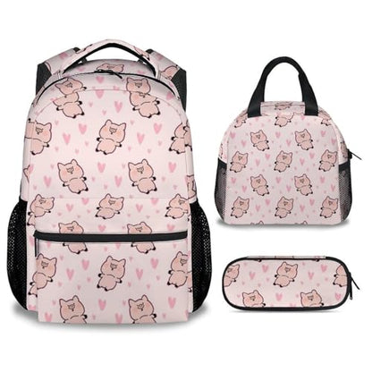 Pig Backpack with Lunch Box and Pencil Case, 16 Inch Cute Pig Bookbag Durable, Lightweight, Large Capacity, Funny Animal Backpack for School Girls Kids Women - color: Style-2-2