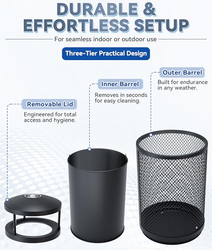 Outdoor Trash Can Commercial, Heavy Duty Large Metal Garbage Can for All Weather Resistant, Garbage Bin Waste Receptacle for Parks, Streets, Patio, Public Spaces (30 Gal-Round-Lid)