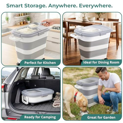 Home & Hearthly Collapsible Rice Storage Container 25–35 lbs, Airtight, Space-Saving Food Storage Bin with Wheels and Measuring Cup, Easy-Pour Grain Dispenser for Rice, Flour and Pet Food