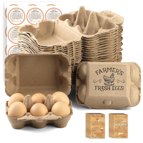 20 Pack Egg cartons 2x3 Style Half dozen egg cartons Bulk 6 Count Reusable Paper pulp egg storage tray Sturdy egg containers with instruction cards and stickers for Family Farm Market - color: light brown-20