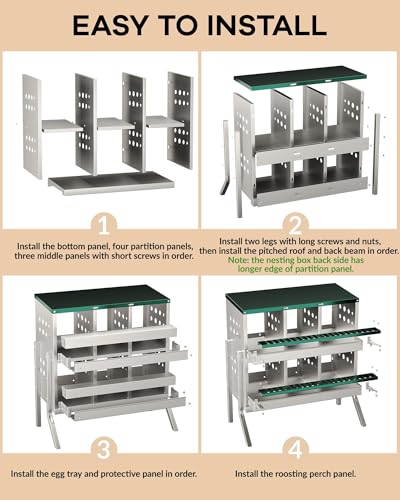 Chicken Nesting Box, 6 Compartment Roll Away Laying Box for Hens, Heavy-Duty Galvanized Steel, Front Egg Collection Tray, 6 Training Eggs Included - color: Green, size: 6 Compartments & 6 Eggs