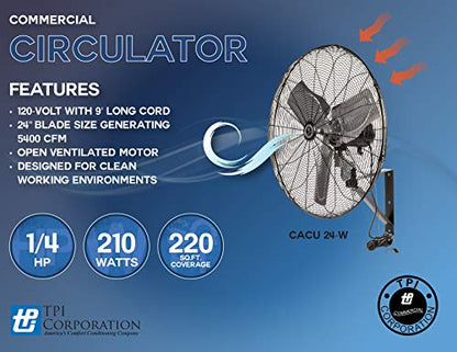 TPI Corporation CACU-24-W Commercial Circulator, Wall Mount Fan - Single Phase 120 Volt, Aluminum Blade Ventilation Fan. Commercial Wall Fans - size: 24”, style: Wall