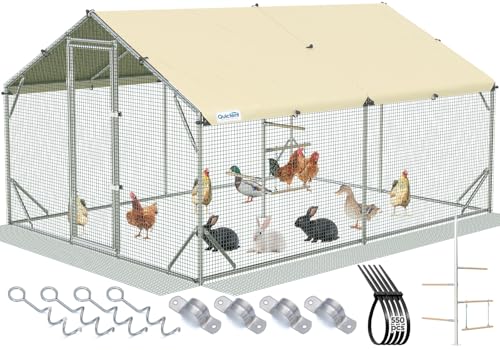 Quictent 12x9x6.6ft Metal Chicken Coop Run with Perch & Swing, Elite Series Large Walk-in Outdoor Poultry Cage Heavy Duty Predator Proof Hen Duck Rabbit Farm Pen House, Waterproof Anti-UV Cover - color: Beige - Perch, size: 134.7"L x 108.3"W x 78.8"H