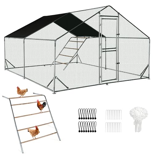 XCL Large Metal Chicken Coop, 13×10×6.5FT Walk-in Chicken Run, Spire Roof Poultry Cage with Waterproof Anti-UV Cover, Roosting Perch Outdoor Backyard Farm Enclosure for Duck Chicken (2-Unit Coop) - size: 2-Unit Coop