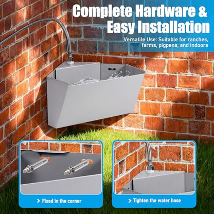 1.6Gal Automatic Livestock Waterer with Float Valve for Horse Dog | Self-Filling Drinking Trough Corner Wall Mount, Stainless Steel, with Drainage Hole, Space-Saving Design, Easy to Install