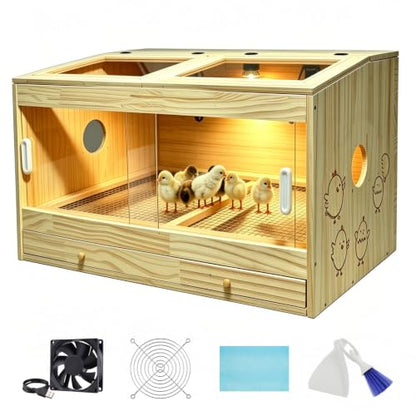 Large Wooden Chicken Brooder Box, Upgraded Drawer Manure Separation, Up to 30 Chicks, All-in-One Brooder with Heating Lamps, Ventilation Fan, Cleaning Tools and Thermometer, 31.5" × 15.7" × 19.6"