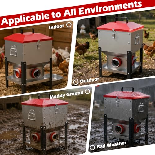 35LB Large Automatic Chicken Feeder- 4 Ports Metal Chicken Feeders, Dual No Waste Design with Locking Lid & Riveted Handles, Rainproof Poultry Feeder for Chickens, Ducks, Geese - size: 4 Ports
