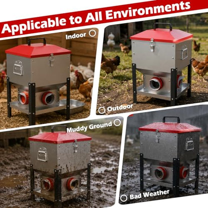 35LB Large Automatic Chicken Feeder- 4 Ports Metal Chicken Feeders, Dual No Waste Design with Locking Lid & Riveted Handles, Rainproof Poultry Feeder for Chickens, Ducks, Geese - size: 4 Ports