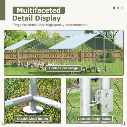 Large Metal Chicken Coop,19.7x9.8x6.4 FT Chicken Run for Yard with Waterproof & Anti-UV Cover,Walk in Chicken Pen with Feeding Door (26.2 * 9.8 * 6.4 ft) - size: 314.8"L x 118.1"W x 76.8"H