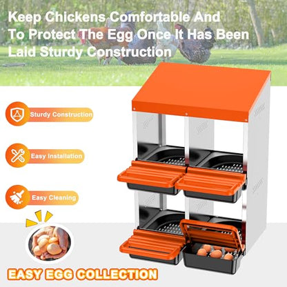 Chicken Nesting Boxes, Metal Roll Away Nest Box for Chickens Laying Egg with Lid Cover to Protect Eggs (4 Holes Orange) - size: 4 Holes