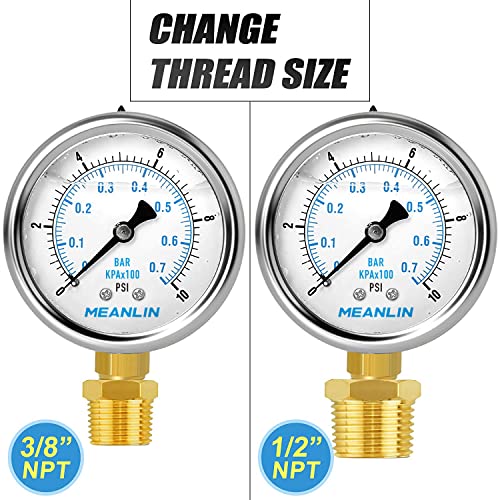 MEANLIN MEASURE 0~10Psi Stainless Steel 1/4" NPT 2.5" FACE DIAL Liquid Filled Pressure Gauge WOG Water Oil Air Lower Mount, with 1/2" NPT and 3/8" NPT Hex Bushing - size: 0-10Psi