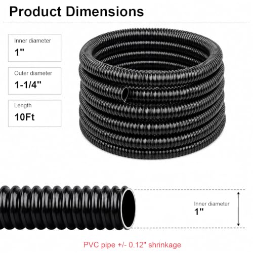 1 Inch Pond Tubing, 10ft Black Corrugated Flexible PVC Pond Hose with 4 Stainless Steel Hose Clamps, Kinkproof and Strong for Pond Pump Fountain Garden Waterfall. - size: 1" ID, style: 10 ft