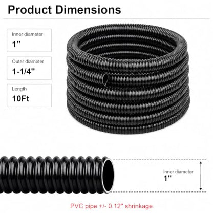 1 Inch Pond Tubing, 10ft Black Corrugated Flexible PVC Pond Hose with 4 Stainless Steel Hose Clamps, Kinkproof and Strong for Pond Pump Fountain Garden Waterfall. - size: 1" ID, style: 10 ft
