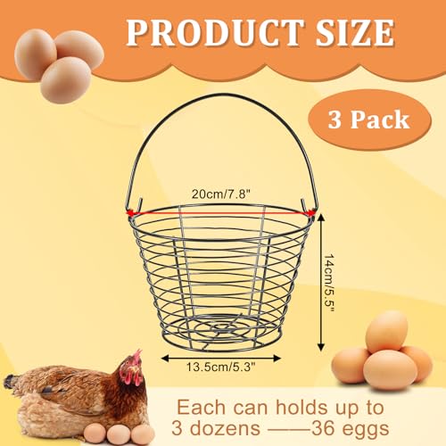 3 PCS 8" Black Round Wire Egg Baskets With Handle, Small Metal Egg Collecting Basket for Gathering Fresh Eggs, Chicken and Duck Eggs Hunting Basket Egg Holder Countertop - style: Round-3 Pack