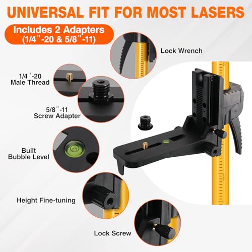 12Ft Telescoping Laser Level Pole with Tripod - Adjustable Laser Stand with Dual Thread Adapter (1/4"-20 & 5/8"-11) for Rotary and Line Lasers, Includes Carrying Case & Bubble Level(Yellow) - color: Yellow