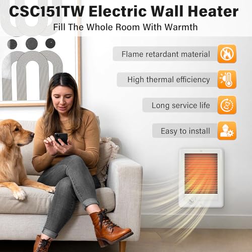 CSC151TW Electric Wall Heater (Model: CSC151TW, Part: 67509) - 5120 BTU, 120V, Built-in Thermostat, Ultra-Quiet, White for Medium Rooms