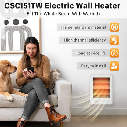 CSC151TW Electric Wall Heater (Model: CSC151TW, Part: 67509) - 5120 BTU, 120V, Built-in Thermostat, Ultra-Quiet, White for Medium Rooms