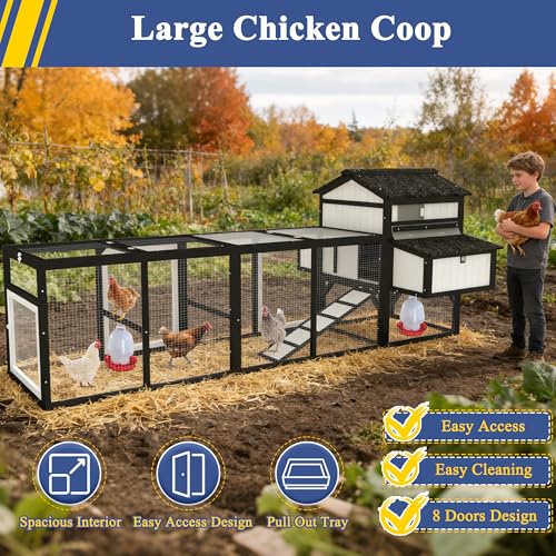 Ketive 116" Large Chicken Coop with Run, Wooden Hen House Outdoor Poultry Cage 28.41 ft² for 4–6 Chickens, 4 Nesting Boxes, 4 Perches, Easy-Clean Slide Out Tray, Expandable Backyard Coop - size: 116.0"L x 56.0"W x 44.0"H