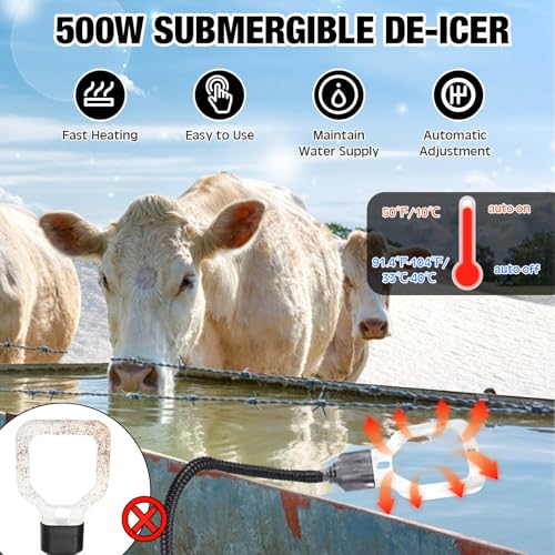 Relaxweex 150w/250w/500w Livestock Water Heater De-icer, Submersible Cast Aluminum Utility Heated for Farm Poultry Water Trough, Tank, Bird Bath, Chicken Coop with Thermostat for Winter(White,500w) - color: White