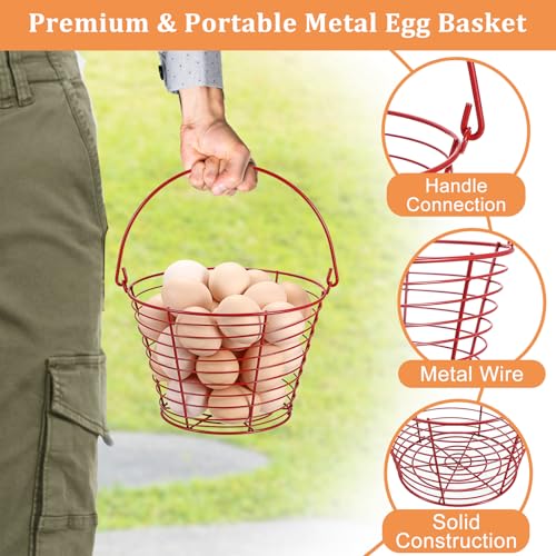 3 PCS 8" Red Round Wire Egg Baskets for Fresh Egg With Handle, Small Metal Collecting Basket for Gathering Fresh Eggs, Chicken and Duck Eggs Hunting Basket Egg-Holder Countertop - style: Round-3 Pack,Red