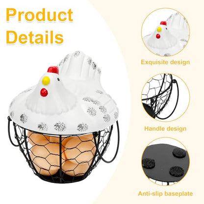 Metal Wire Egg Basket Ceramic Lid Farm Kitchen Egg Storage Holder | Wire Egg Collection Baskets for Gathering Eggs,Decorative Egg Holder Container for Farmhouse,Kitchen, and Countertop