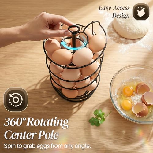 Flexzion Metal Egg Skelter Countertop Egg Holder - Sturdy Black Spiral Egg Holder with Bottom Basket and 360-Degree Rotatable Middle Pole Up to 36-Egg Capacity, Egg Storage Rack Solution - color: Black, size: Large Skelter