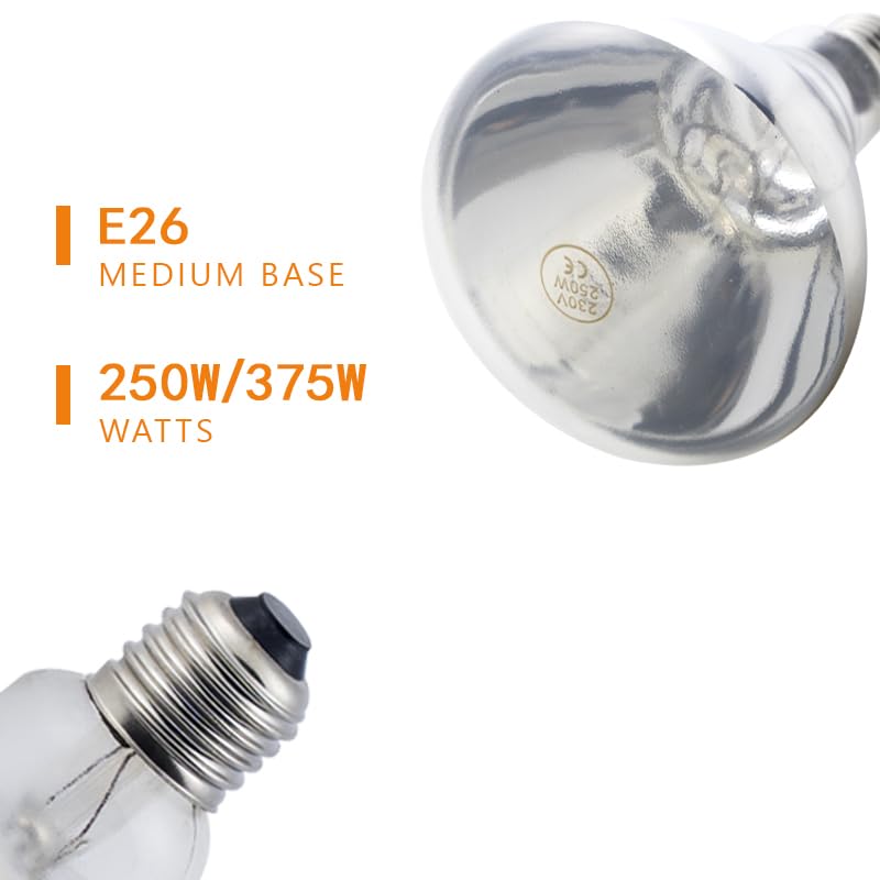 2 Pack 375W Heat Lamp Clear Infrared Bulbs Glass Lamp Bulb for Food Service, Brooder Bulb, Chicks, Pet, Bathroom, Light Therapy Use E26 Base, Flood Light Heat Lamp - color: 375w/Clear