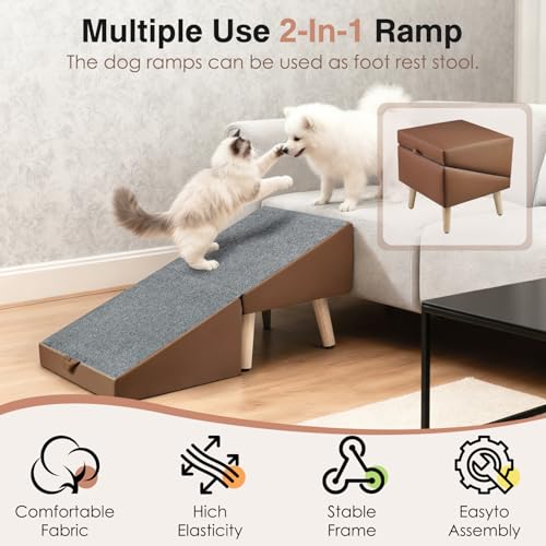 Split Ottoman Dogs Ramp, Dog Ramp for Couch and Bed, Dog Stairs for Small Dogs and Cats, 2-in-1 Foldable Wooden Pet Stairs and Ottoman,Non-Slip Fabric Surface Ramp for Couch and Bed Brown - color: Brown