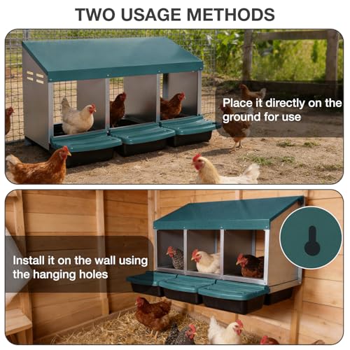 Chicken Nesting Boxes, 3 Compartments Egg Collection with Removable Drawer, Chicken Metal Laying Nest Box for Hens, Easy to Assemble, for Chicken Coop, Green - color: Green