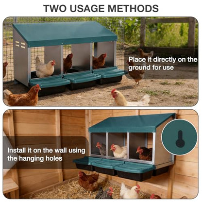Chicken Nesting Boxes, 3 Compartments Egg Collection with Removable Drawer, Chicken Metal Laying Nest Box for Hens, Easy to Assemble, for Chicken Coop, Green - color: Green