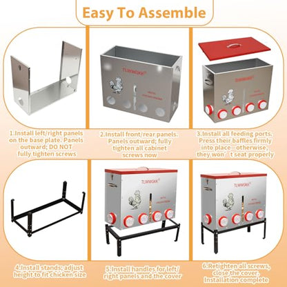 85 lbs Large Automatic Chicken Feeder - 10-Port No-Waste Dispenser with Visual Window & Height-Adjustable Legs - Rodent/Goat Proof, All-Weather Heavy-Duty Galvanized Metal Design for Outdoor Poultry