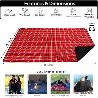 BRAWNTIDE Large Waterproof Outdoor Blanket, Extra Thick Fleece, Warm, Windproof & Sandproof, Quilted Stadium Blanket for Sports Events, Beach, Camping, Picnics, Dogs & Car, 82" x 55 - color: Plaid Red
