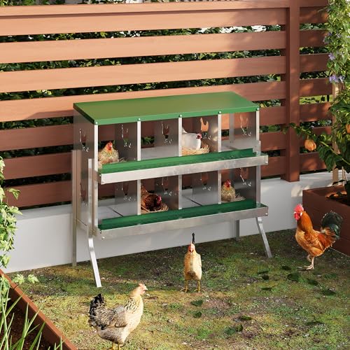 Chicken Nesting Box,8 Compartments Galvanized Steel Metal Chicken Laying Box with Roll Out Egg Collection,Wall Mount Chicken Nesting Boxes,Easy Egg Collection, Hen Roosting Boxes - color: Green, size: 8 Holes with Legs