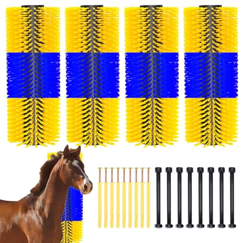 Livestock Scratching Brush 4 Pack, Dense Cow Brush Wall Mount Anti-Itch Grooming Tool, Flexible Goat and Horse for Grooming with Screws and Nuts - color: blue yellow