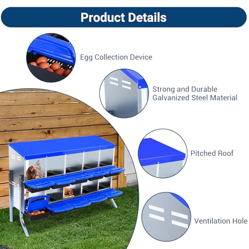 GarveeLife Chicken Nesting Box, 10 Compartments Nesting Boxes for Chickens, Chicken Laying Boxes with Legs, Roll Away Nesting Box for Chickens Laying Egg with Lid Cover to Protect Eggs, Blue