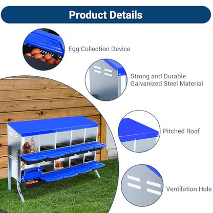 GarveeLife Chicken Nesting Box, 10 Compartments Nesting Boxes for Chickens, Chicken Laying Boxes with Legs, Roll Away Nesting Box for Chickens Laying Egg with Lid Cover to Protect Eggs, Blue