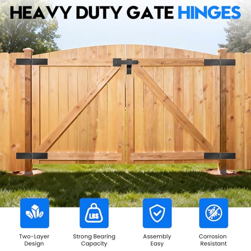 Fence Gate Hinges and Latch Set Heavy Duty -Black 270 Degree Strap Hinge & Adjustable Latch Kit for Outdoor,Garden,Backyard,Barn,Shed Wood Doors -Rust-Resistant Farm Gate Hardware with Screws