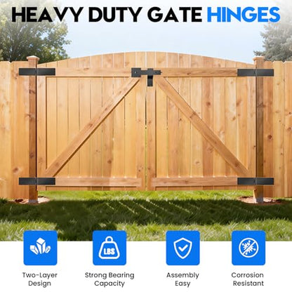 Fence Gate Hinges and Latch Set Heavy Duty -Black 270 Degree Strap Hinge & Adjustable Latch Kit for Outdoor,Garden,Backyard,Barn,Shed Wood Doors -Rust-Resistant Farm Gate Hardware with Screws
