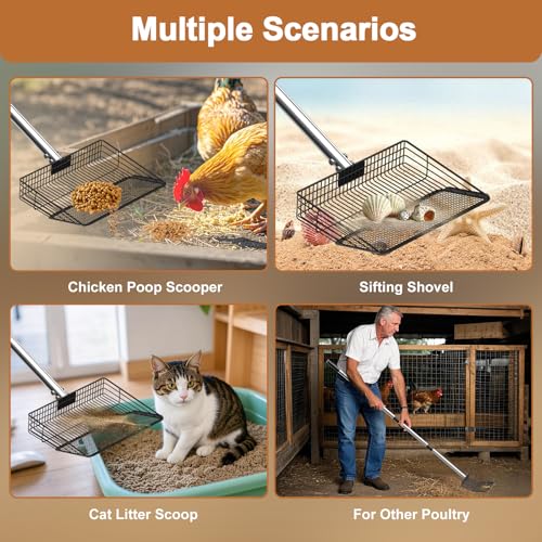 10" Width Metal Chicken Poop Scooper Heavy Duty Farm Sifting Shovel | Stainless Steel Long Handle (27.9 to 54.7") Poultry Litter Sifting Scooper for Chicken Coops Sheep Pens and Cat Litter Box