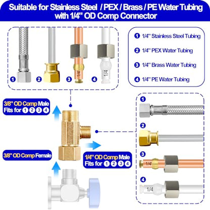 Add-A-Tee Adapter，Lead-Free Splitting Water Supply Fitting 3/8" Compression Inlet x 3/8" Outlet x 1/4" Outlet，Brass 3 Way Adapter Or Tee Connector With Sealing Gasket(1 PCS) - size: 1/4 Comp-3/8 Comp-3/8 Comp Tee