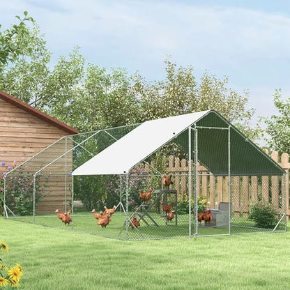 PawHut 9.8' x 19.7' x 6.6' Large Chicken Coop Metal Chicken Run with Waterproof and Anti-UV Cover, Spire Shaped Walk in Fence Cage Hen House for Outdoor and Yard Farm Use, 1" Tube Diameter - size: 118.1"L x 236.2"W x 78.7"H